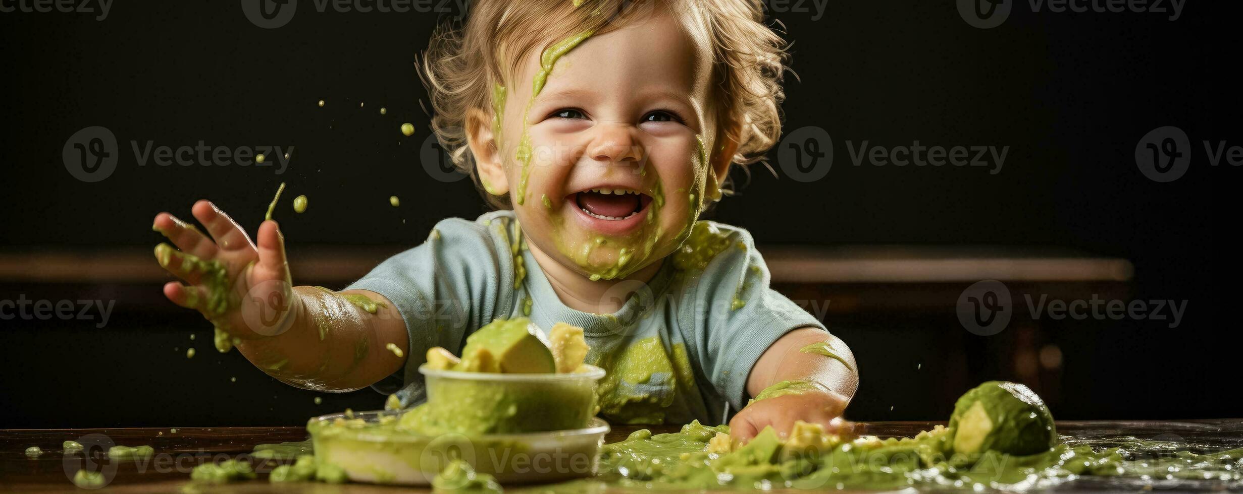 adorabile bambino risatine mentre imbrattando schiacciato avocado tutti al di sopra di loro viso durante un' disordinato dito cibo avventura foto