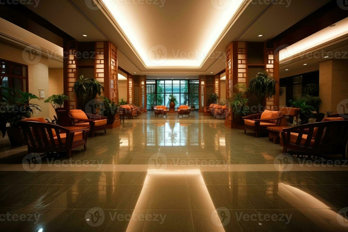 Hotel atrio con Cinese stile mobilia profesional fotografia ai generato foto