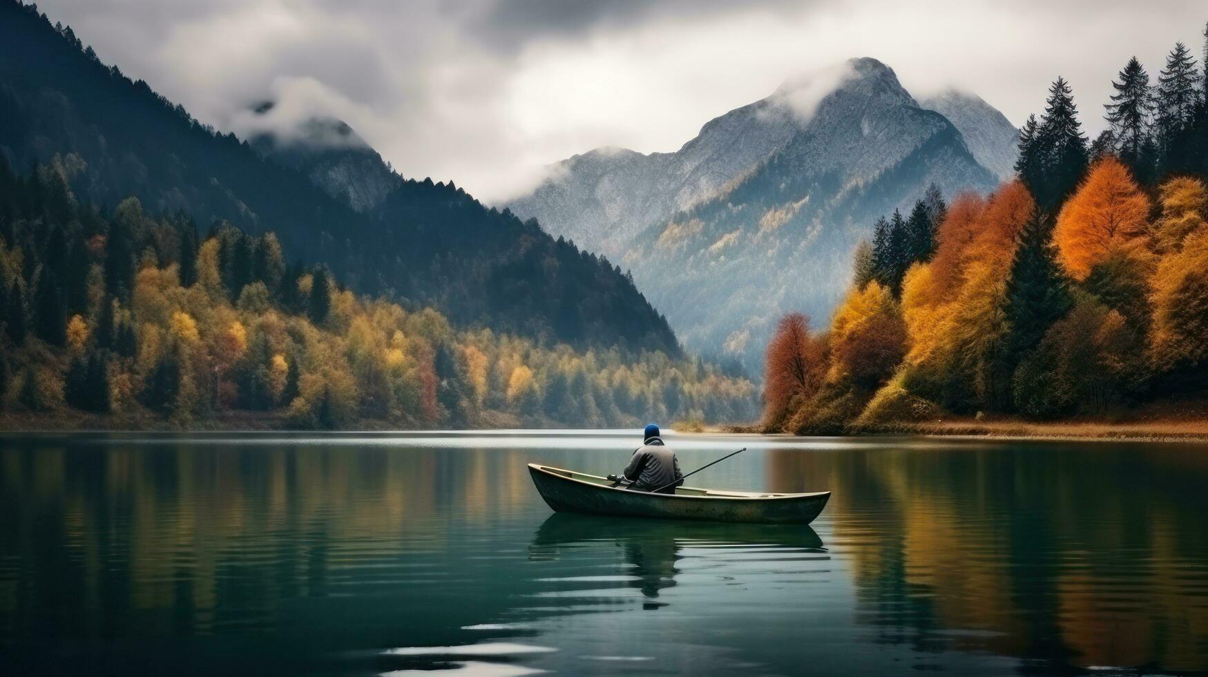 un vecchio uomo è pesca mentre seduta nel un' barca nel il mezzo di un' lago foto