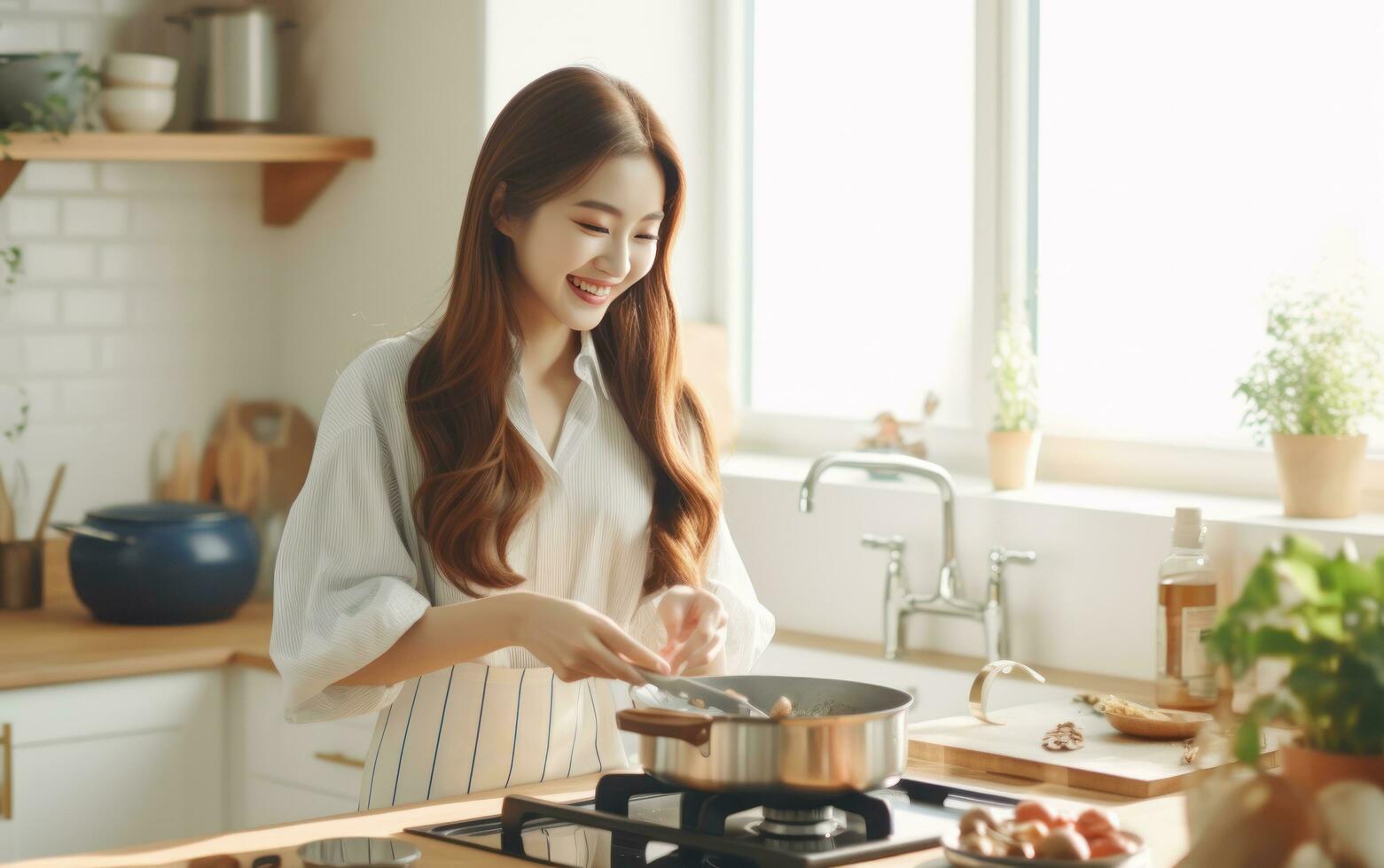 donna cucinando su un' cucina foto