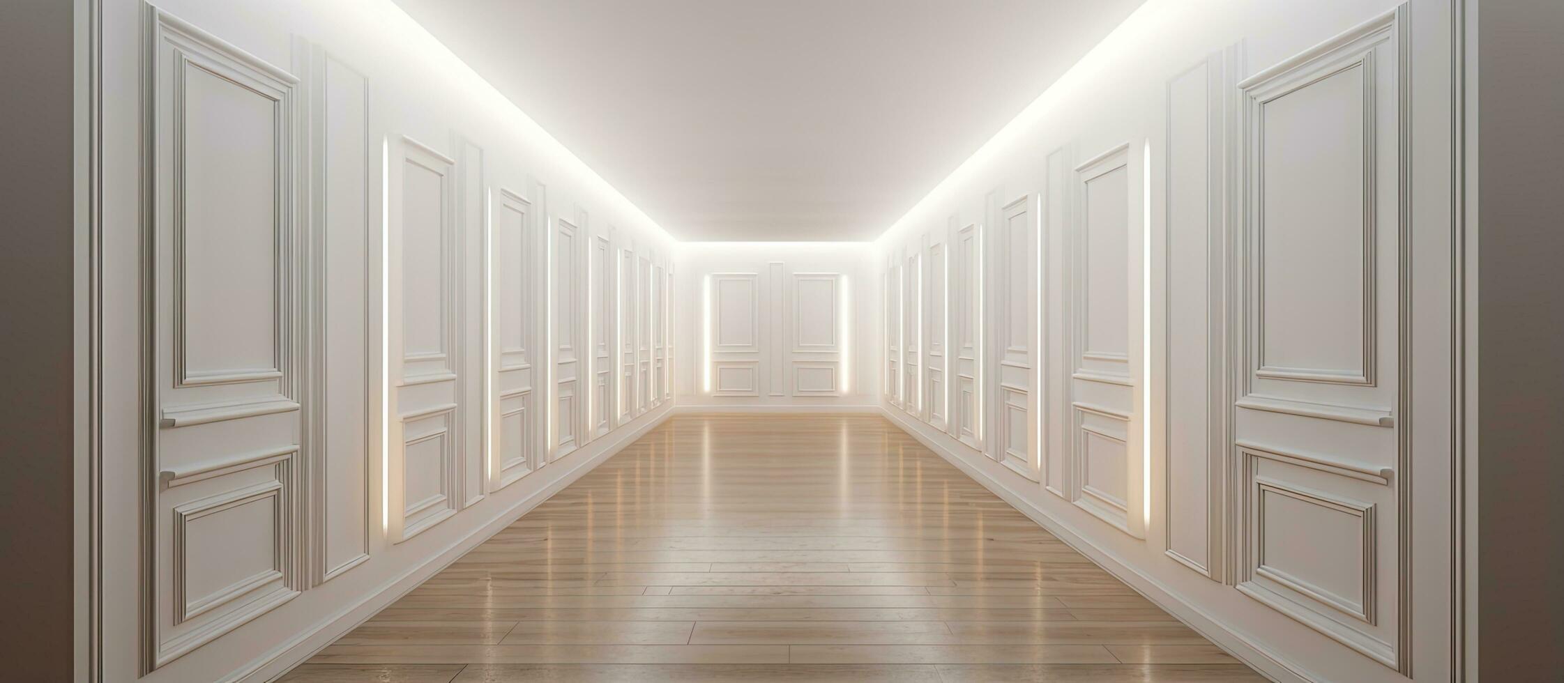 luminosa angusto corridoio con multiplo bianca murato porte e un' scintillante lampada sopra di legno pavimentazione foto