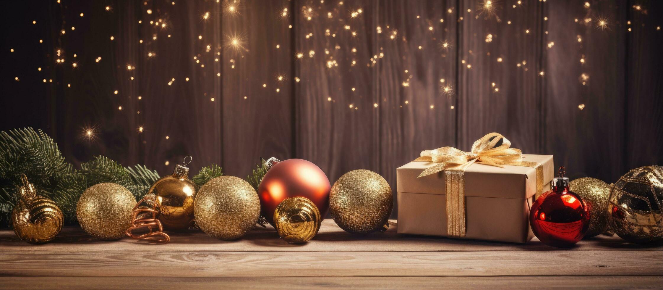 Natale ornamenti su un' di legno tavolo con regali e piccolo decorazioni foto