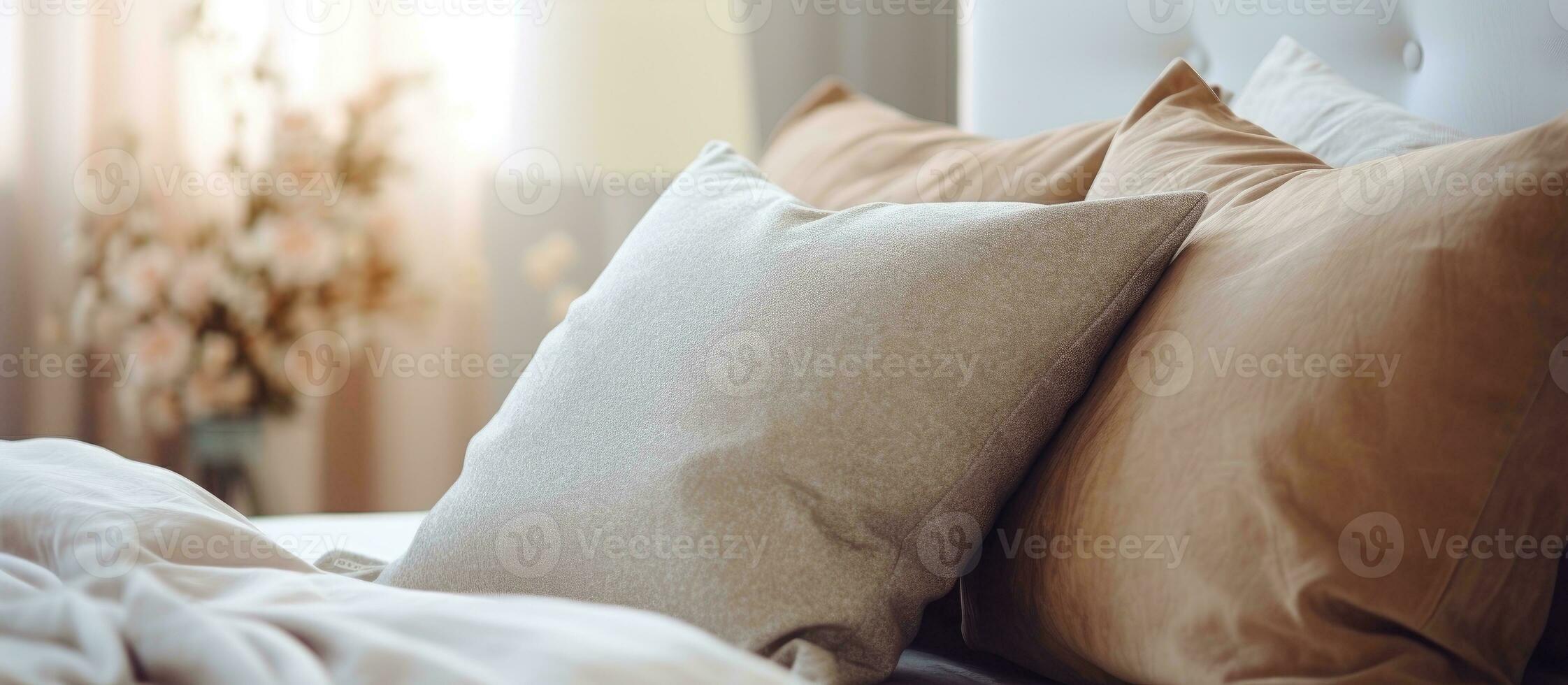 vicino su di decorativo letto cuscini nel il Camera da letto foto