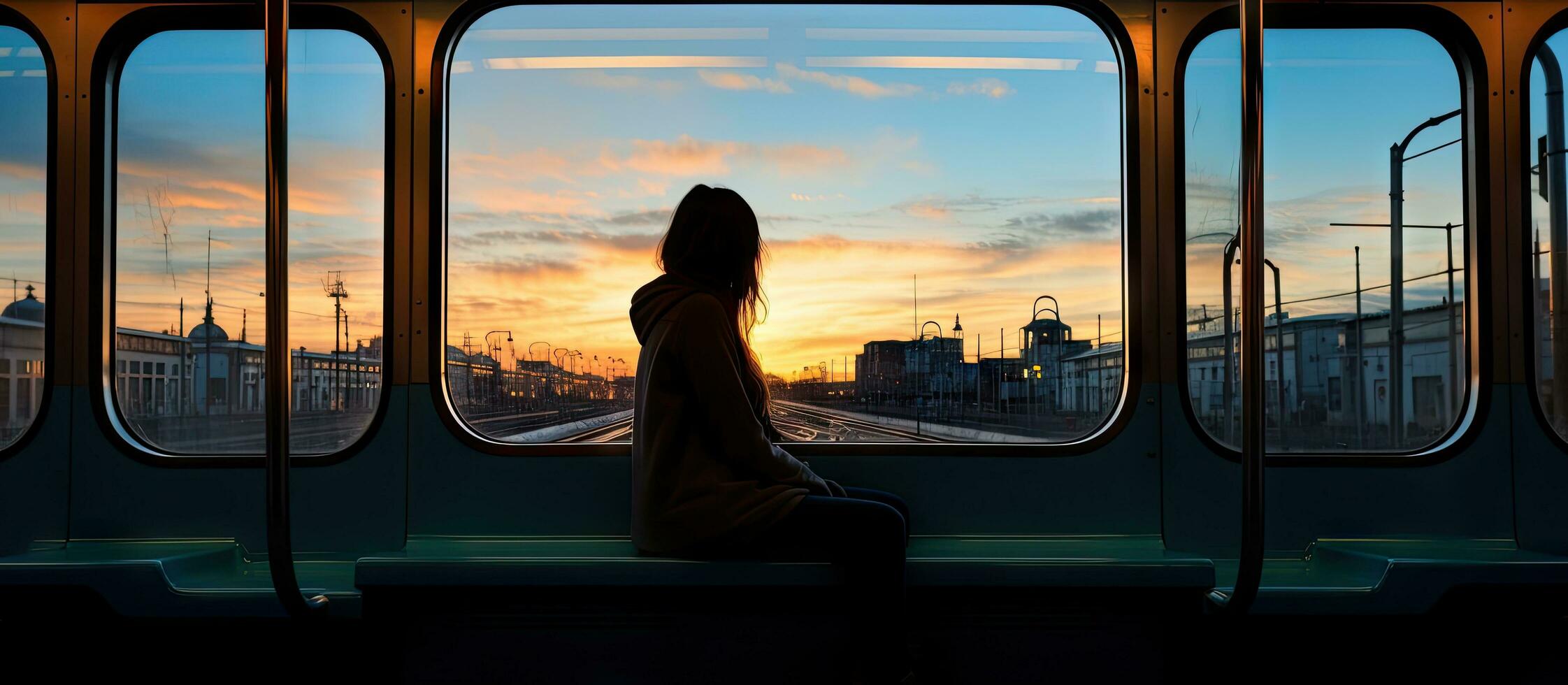 silhouette di un' donna seduta su un' treno incorniciato di finestre foto