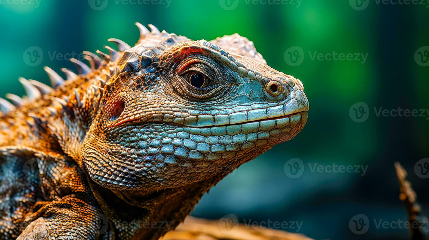 verde iguana ritratto un' dettagliato Visualizza di il esotico e bellissimo rettile con arancia occhi con colorato e squamoso testa ai generativo foto