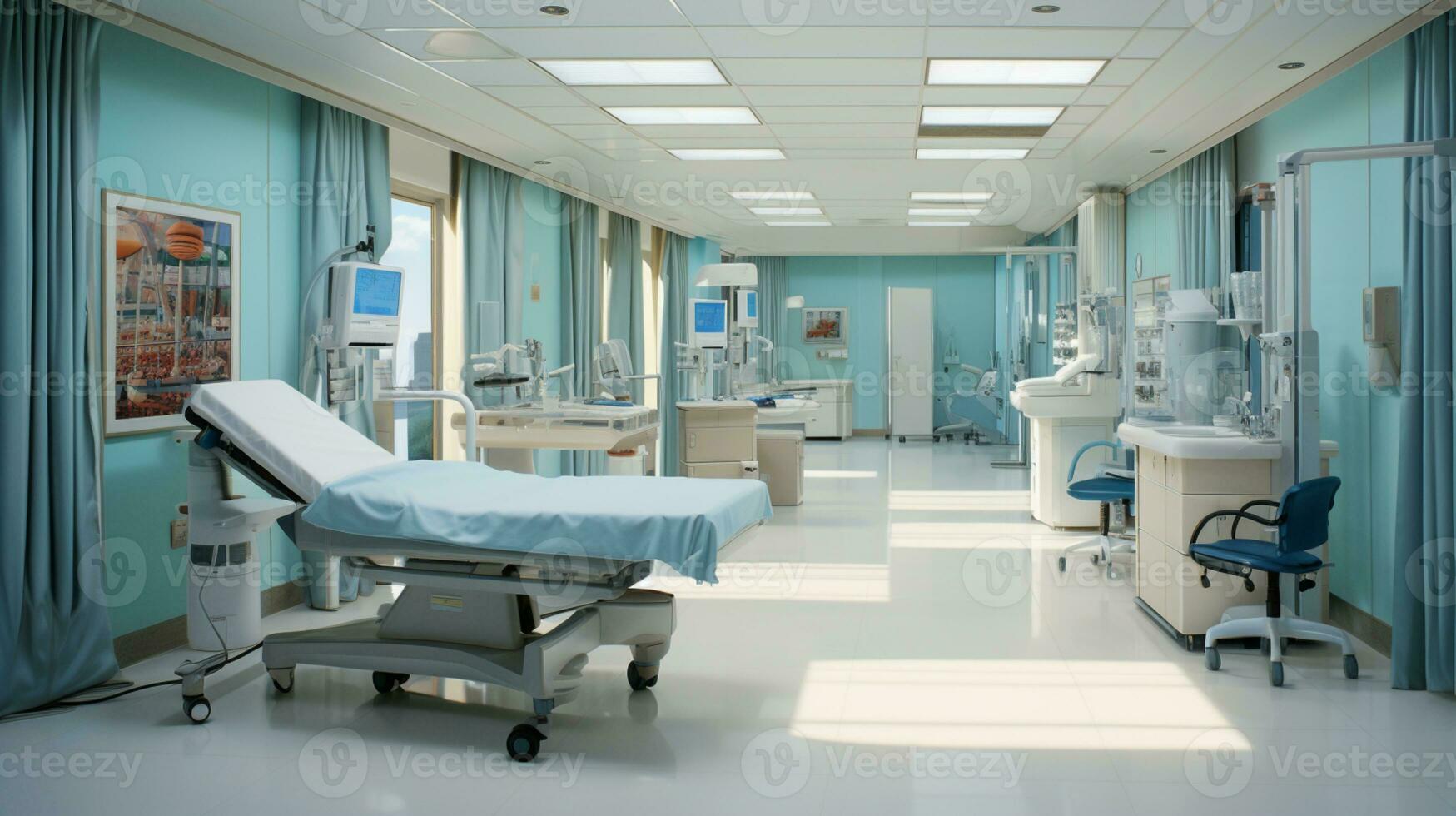 clinica, interno di Ospedale, paziente camera, pulito silenzioso camera, ai generato foto