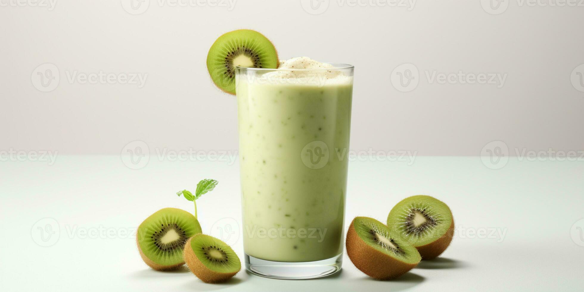 vicino su di fresco Kiwi succo con frutta su tavolo, isolato su bianca sfondo, ai generato foto