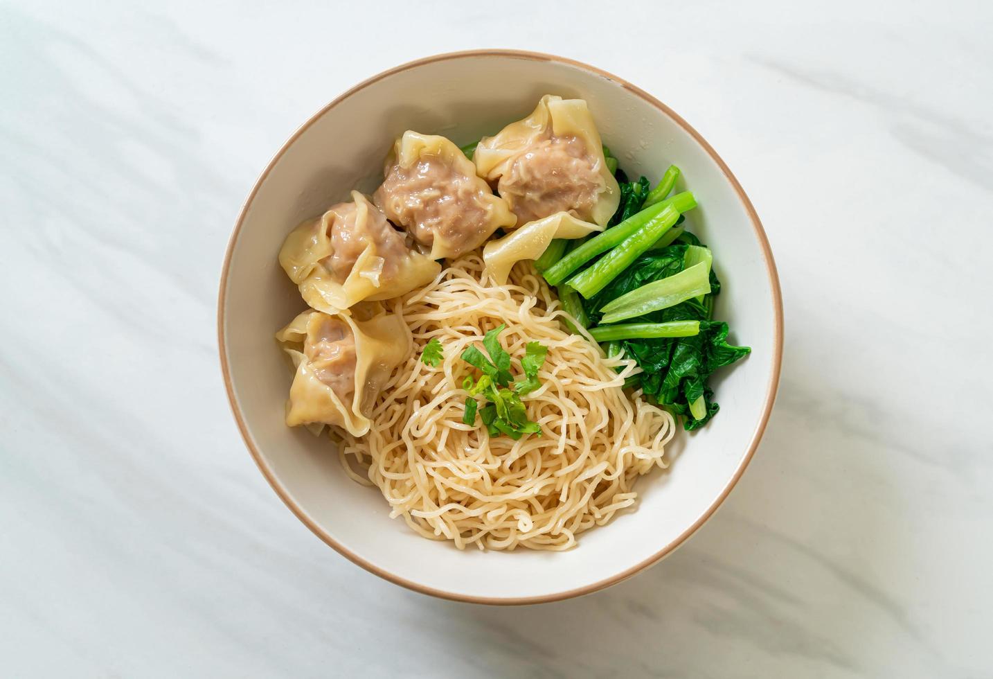 tagliatelle all'uovo essiccate con wonton di maiale o gnocchi di maiale senza zuppa stile asiatico foto