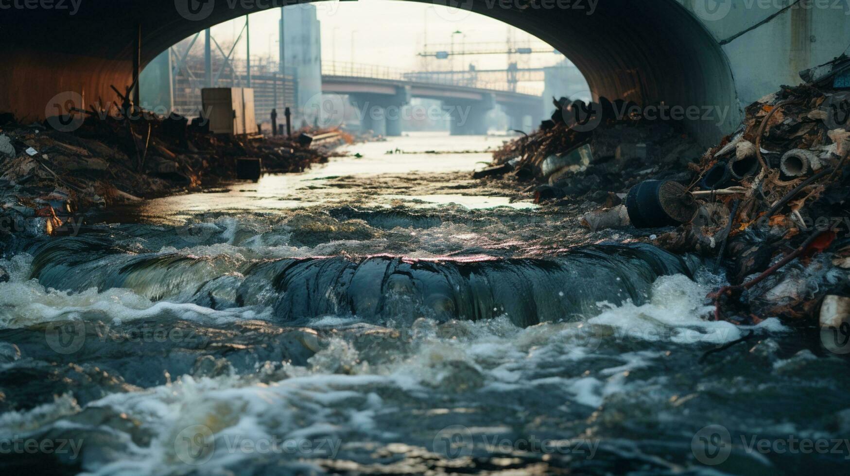 contaminati acqua concetto, sporco acqua flussi a partire dal il tubo in il fiume, acqua inquinamento, ambiente contaminazione, ai generativo foto