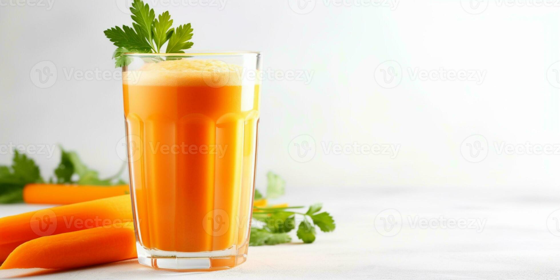 vicino su di fresco carota succo con la verdura, isolato su bianca sfondo, copia spazio, ai generativo foto