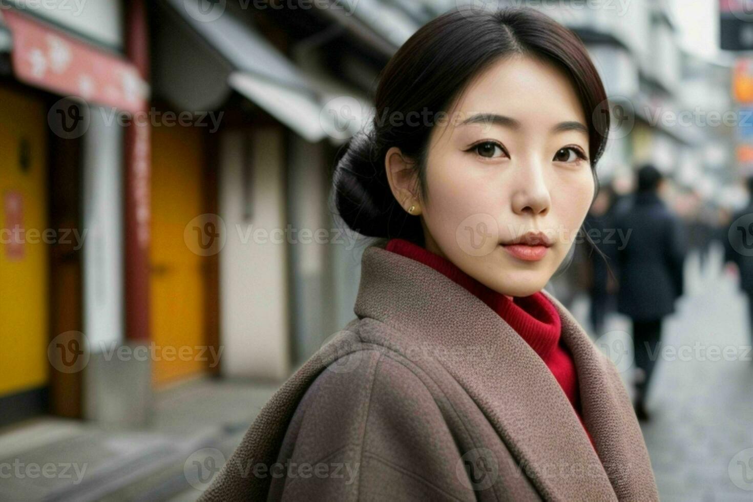 bellissimo donna nel un' cappotto su il strada. professionista foto