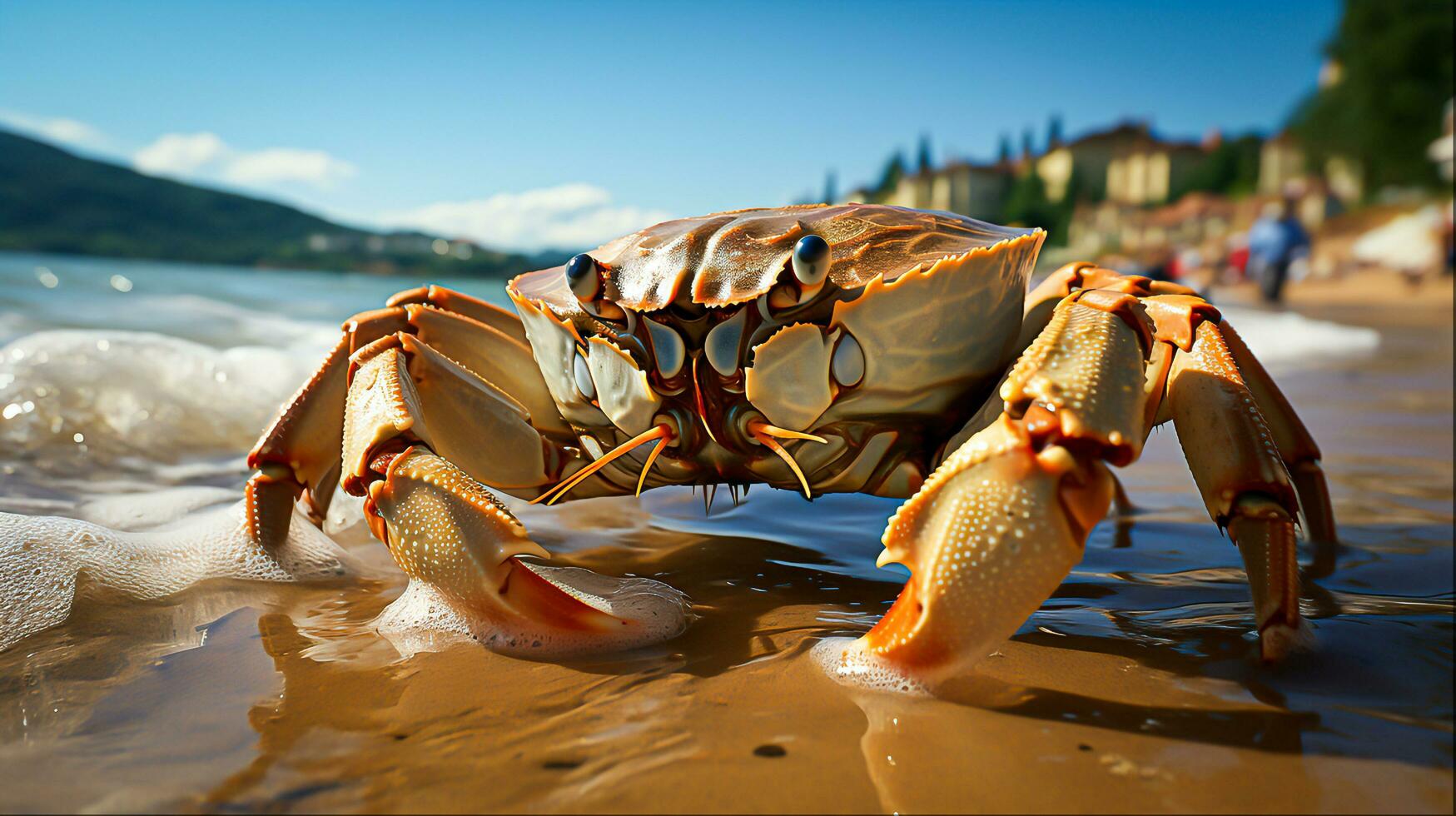 Granchio su il spiaggia. generativo ai foto