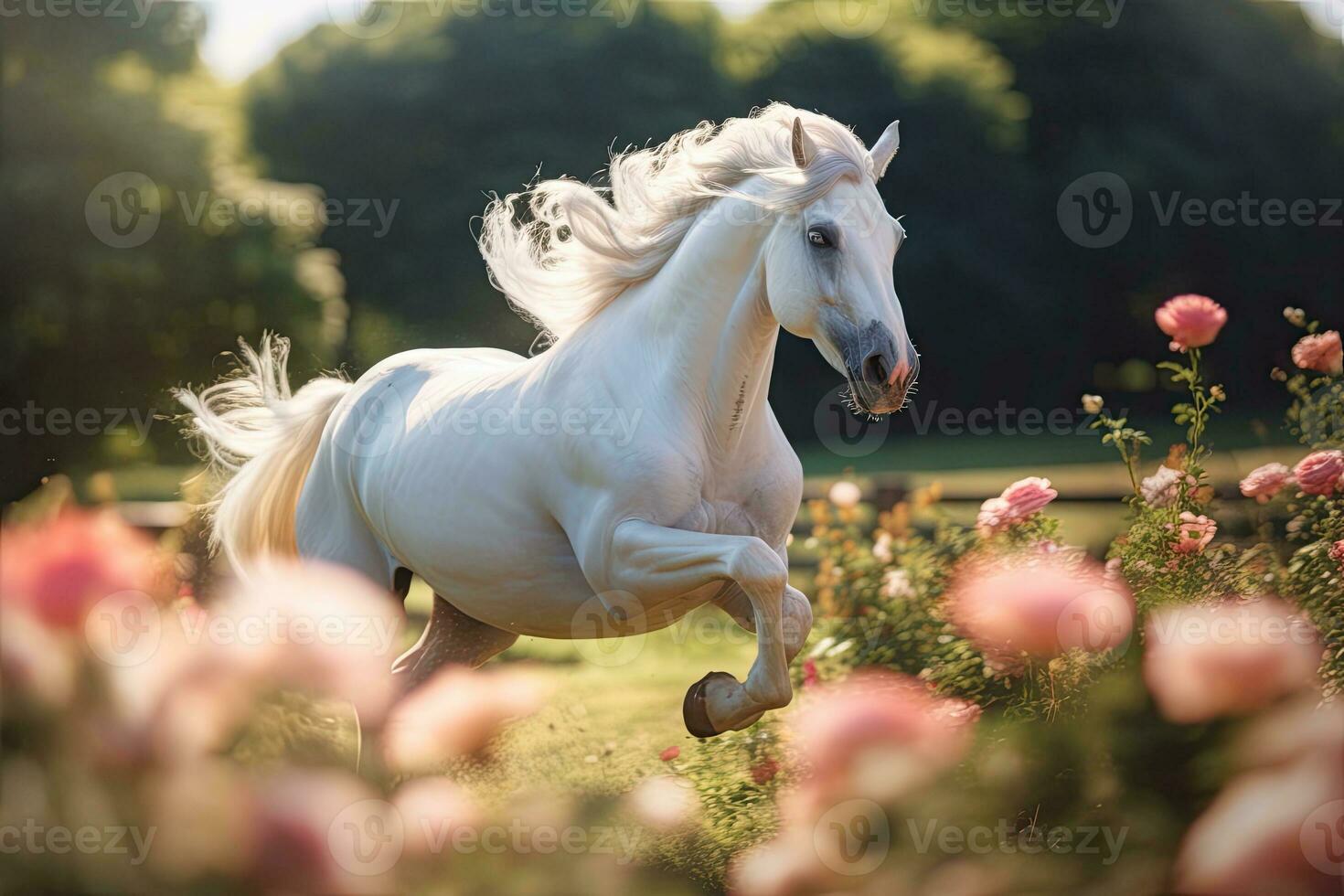 un' unicorno, bianca unicorno in esecuzione nel sogni fiori. generativo ai foto