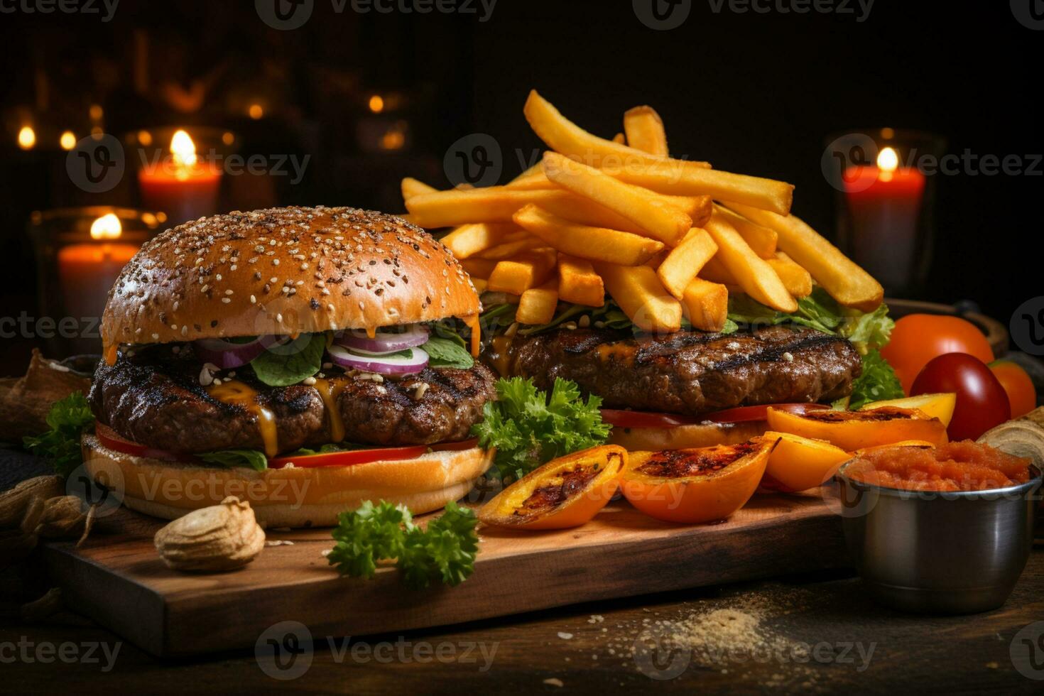 rustico presentazione mestiere Manzo hamburger, fresco la verdura, e patatine fritte su legna ai generato foto