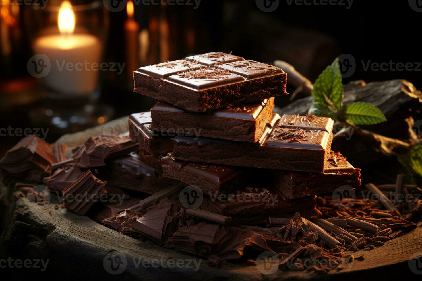 cioccolato diletto avvolto bar su un' buio di legno sfondo, un' tentazione ai generato foto