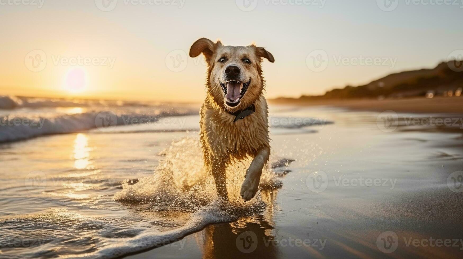 un' Contentissimo canino scherza lungo il sabbioso sponde, generativo ai foto