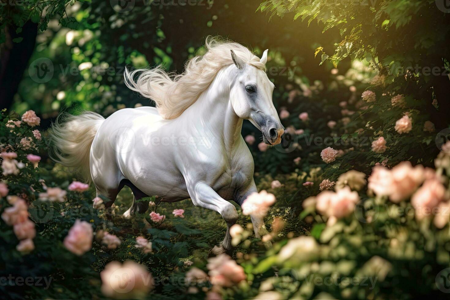 un' unicorno, bianca unicorno in esecuzione nel sogni fiori. generativo ai foto