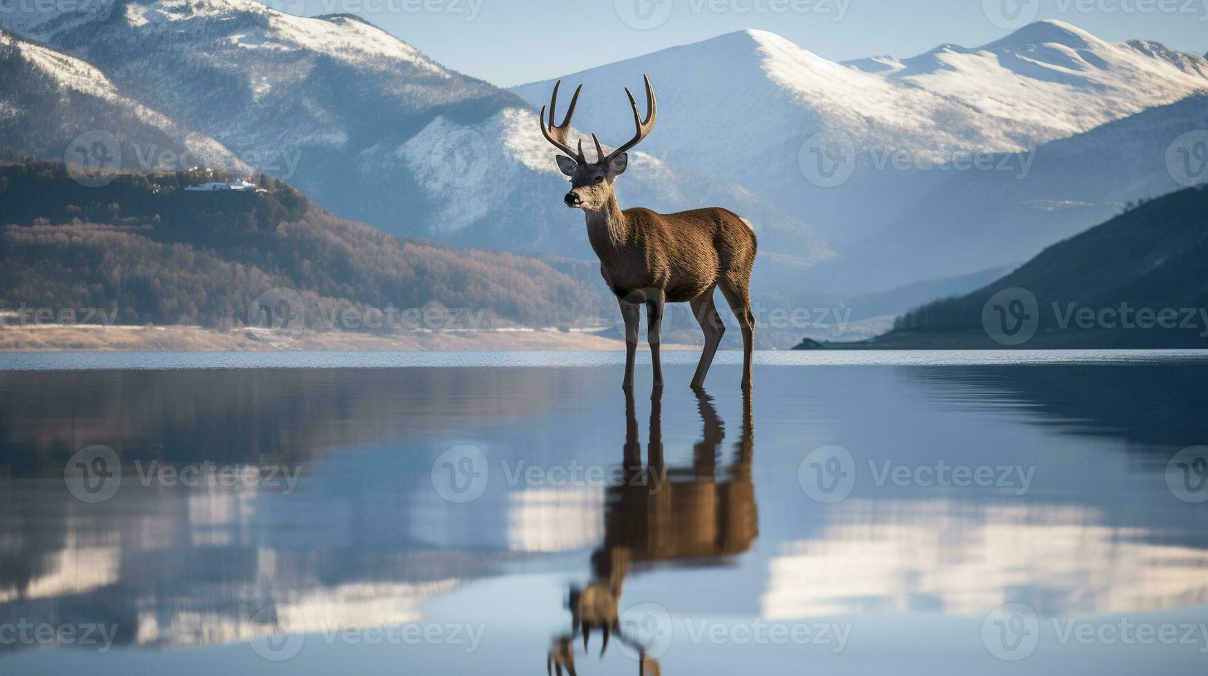 cervo silhouette e ramificazione riflessione a in riva al lago con nevoso picchi. generativo ai foto