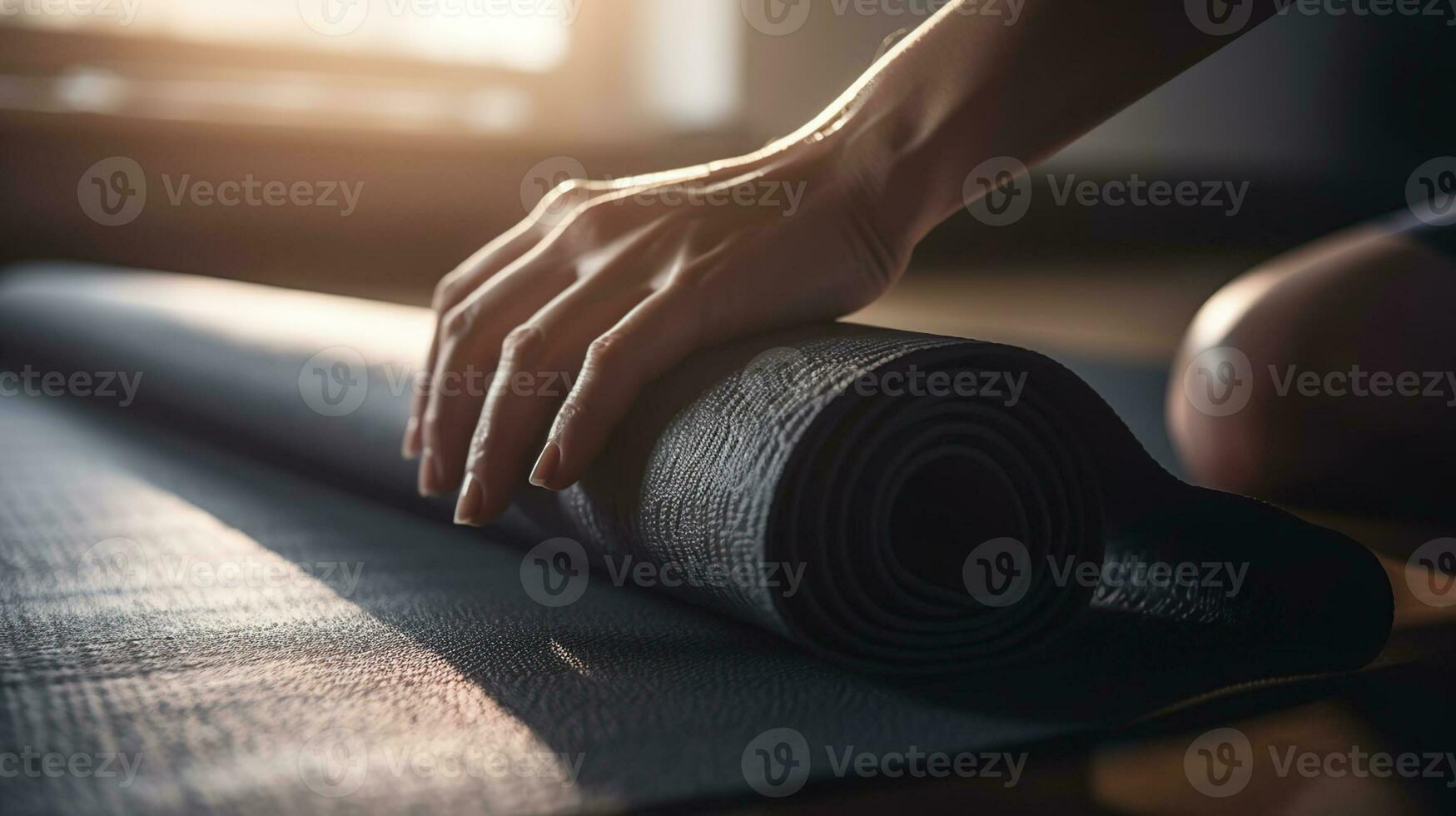 vicino su di un' womans mani è rotolamento su esercizio stuoia e preparazione per fare yoga. lei è esercizio su pavimento stuoia nel mattina luce del sole a casa, generativo ai foto