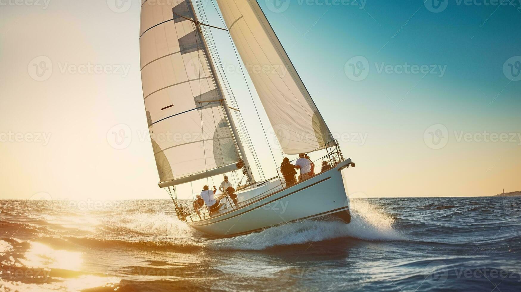 avventura e cameratismo a bordo un' veloce barca a vela nel il vasto oceano, generativo ai foto