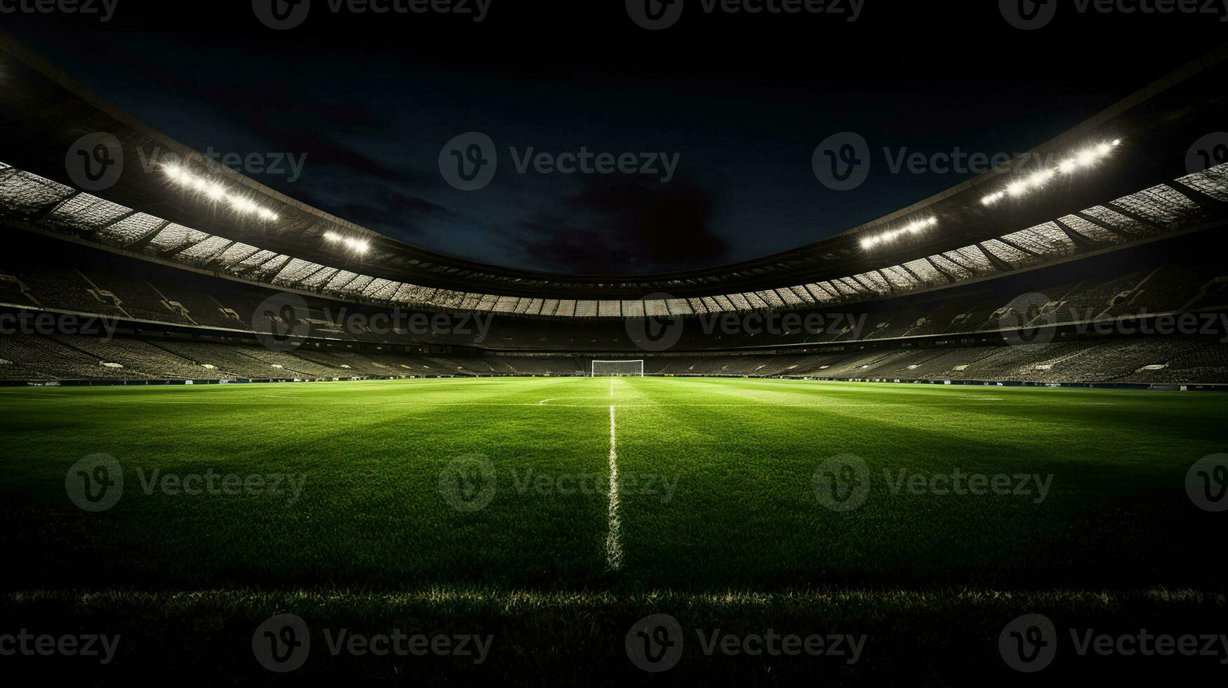 calcio stadio con bene erba, e bene illuminazione visibile a partire dal sotto, ai generativo foto