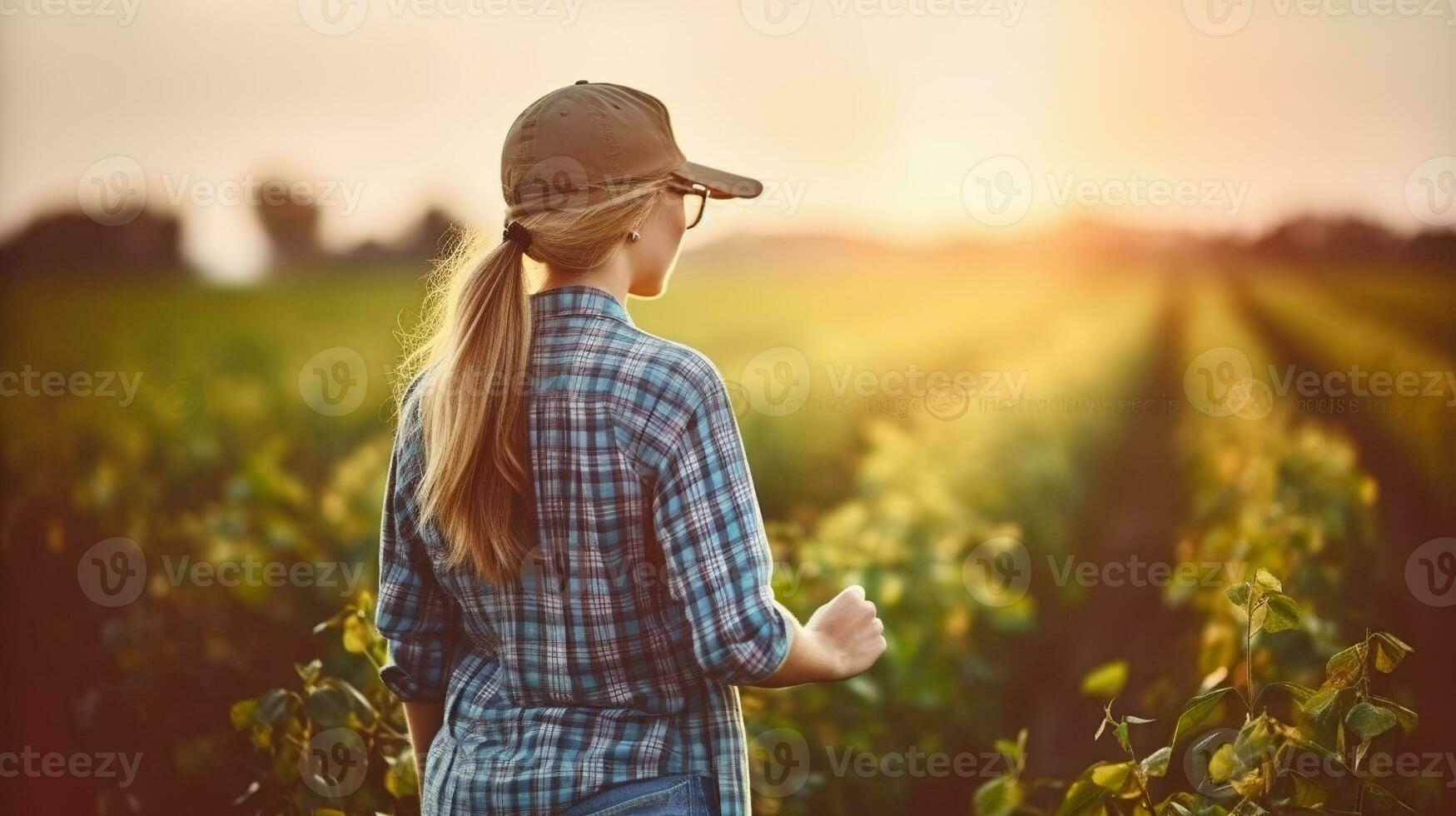 giovane femmina contadino in piedi nel soia campo. generativo ai foto