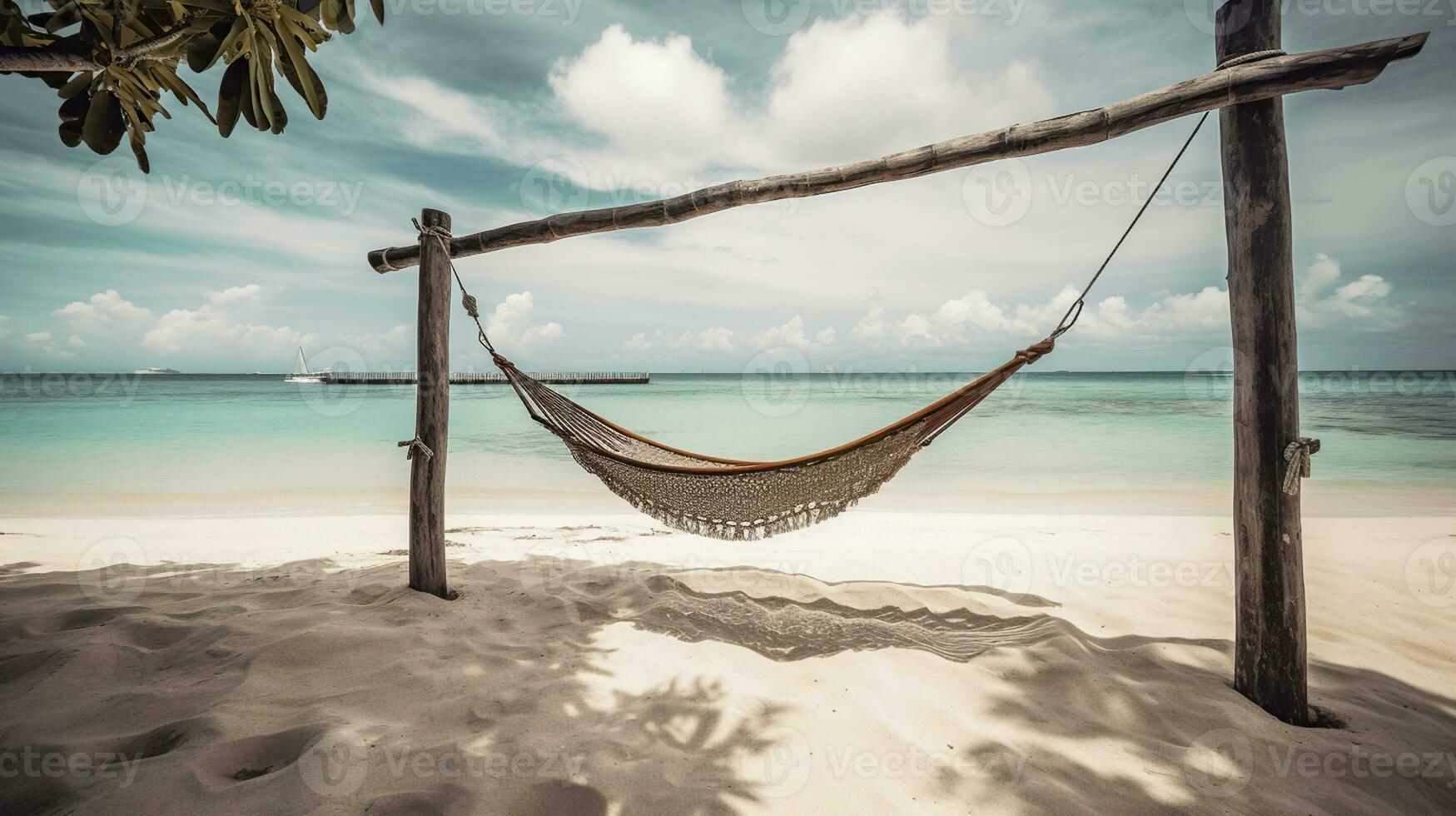 tropicale spiaggia e cielo sfondo come esotico estate paesaggio con spiaggia swing o amaca e bianca sabbia. ai generativo foto