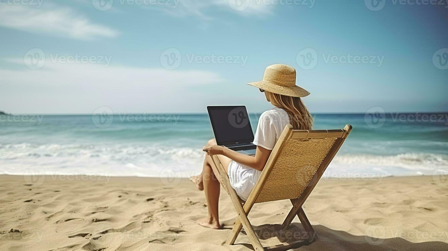 in forma giovane donna seduta su ponte sedia a mare Visualizza spiaggia utilizzando il computer portatile. femmina libero professionista programmatore nel sedia a sdraio sala Lavorando codifica fare surf su taccuino computer. generativo ai foto