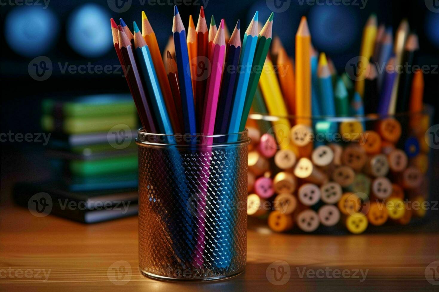 indietro per scuola atmosfera, matite ordinatamente immagazzinato nel un' titolare ai generato foto