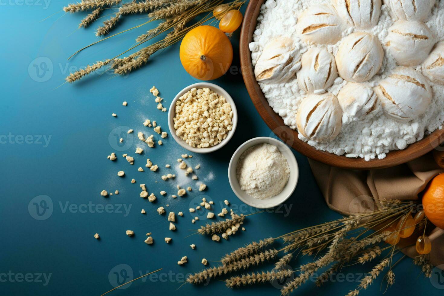 cottura al forno essenziali, piatto posizione, superiore Visualizza, ricetta modello su blu ai generato foto