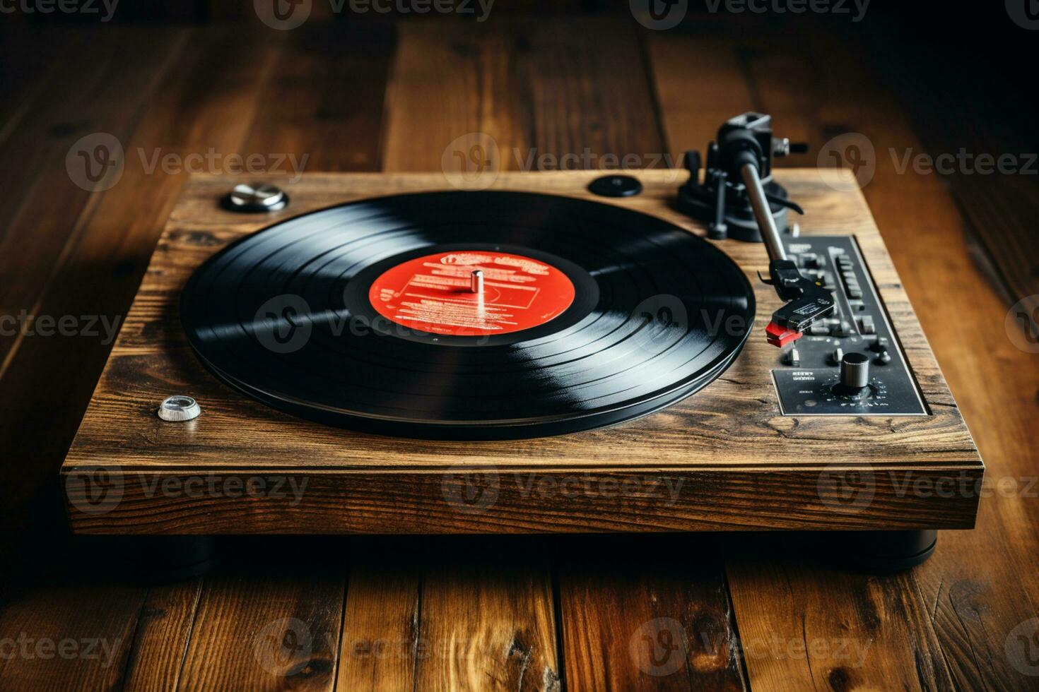 Vintage ▾ incontra moderno vinile record, giocatore su di legno sfondo, Perfetto per testo ai generato foto