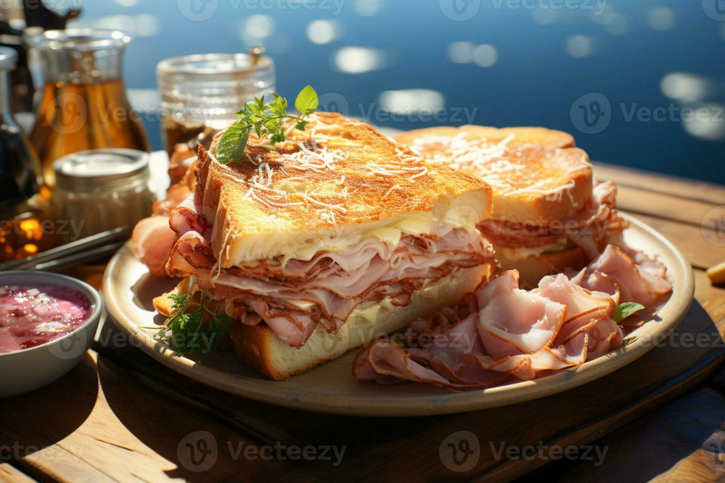 un' classico monte cristo brilla su un' soleggiato spiaggia picnic ai generato foto