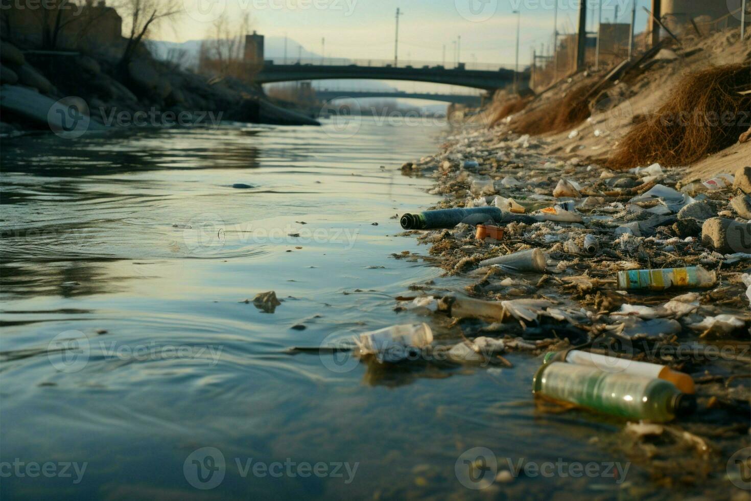 fiume inquinamento, spazzatura, plastica, cibo rifiuto contribuire per ambientale danno ai generato foto