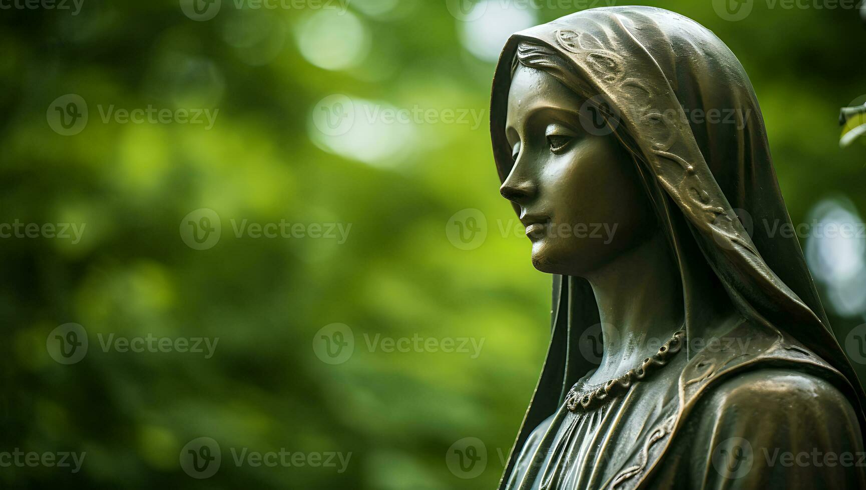 statua di vergine Maria nel il cimitero con bokeh sfondo foto