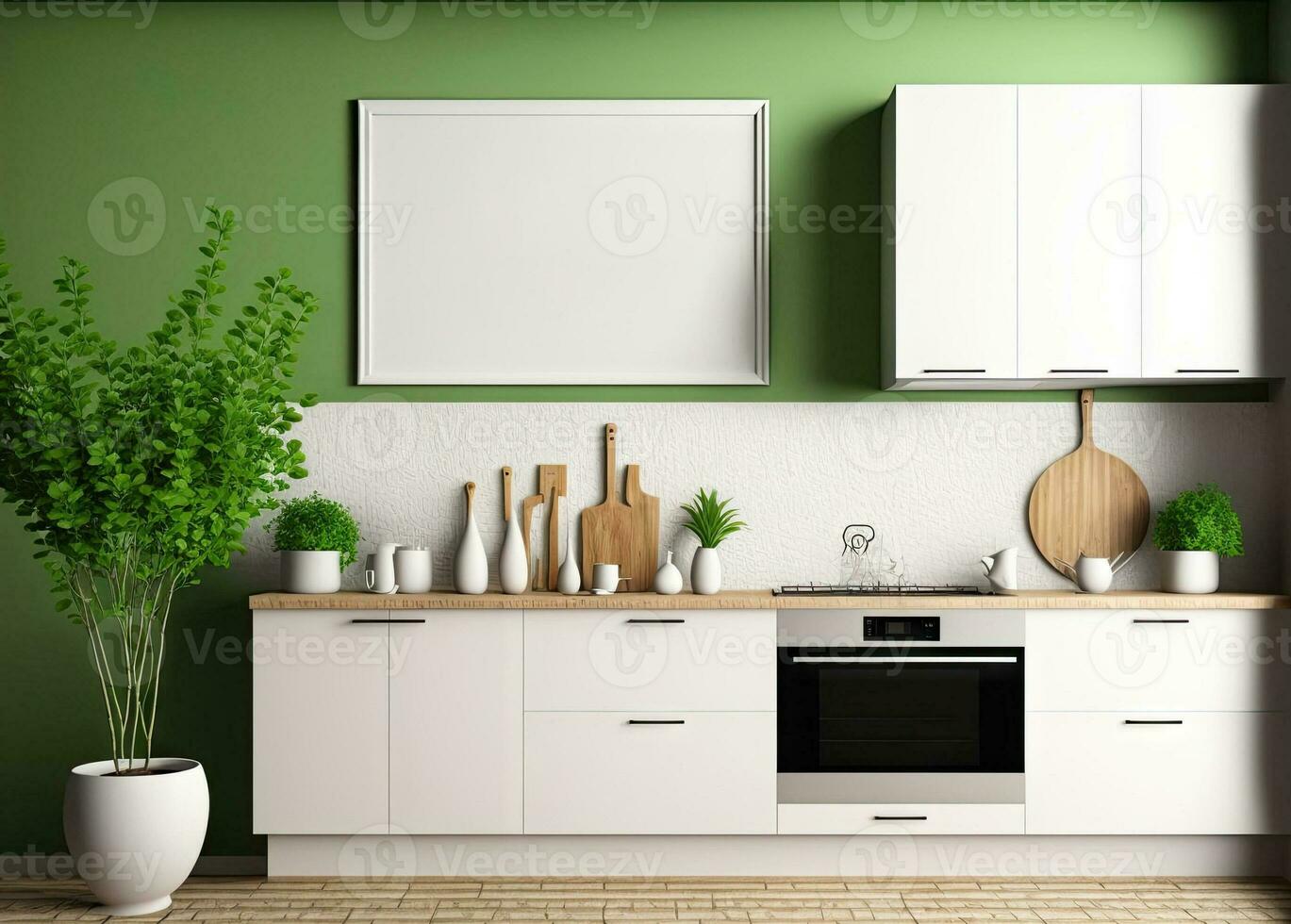 orizzontale telaio modello nel un' cucina con un' verde parete e decorazione con un ornamentale pianta e stoviglie. 3d illustrazione, interno disegno, foto
