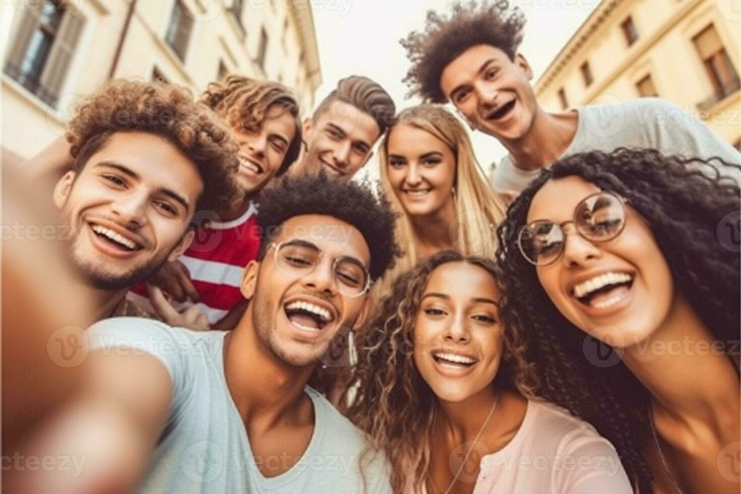 multiculturale amici assunzione autoscatto pic con cellulare al di fuori - contento giovane persone avendo divertimento sospeso su su città strada - estate vacanza concetto con ragazzi e ragazze godendo generativo ai foto