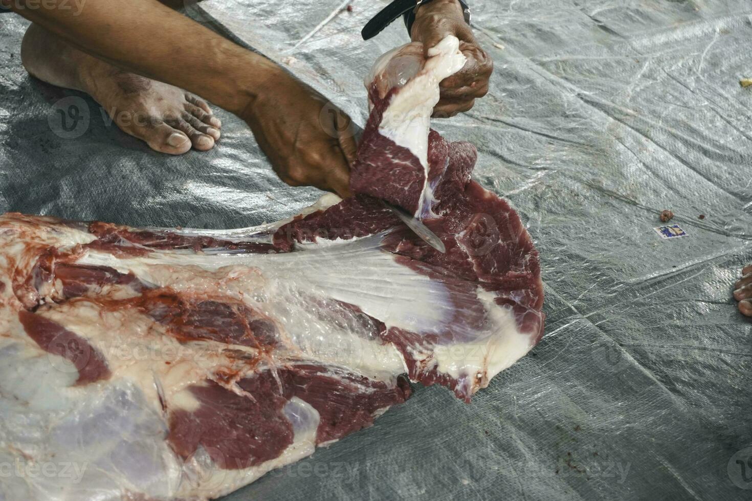 un' ritratto di I musulmani taglio carne su eid al adha di utilizzando taglio coltello foto