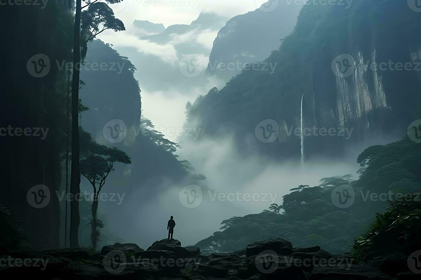 silhouette di un' uomo in piedi su il bordo di un' scogliera e guardare a un' cascata nel il nebbia foto