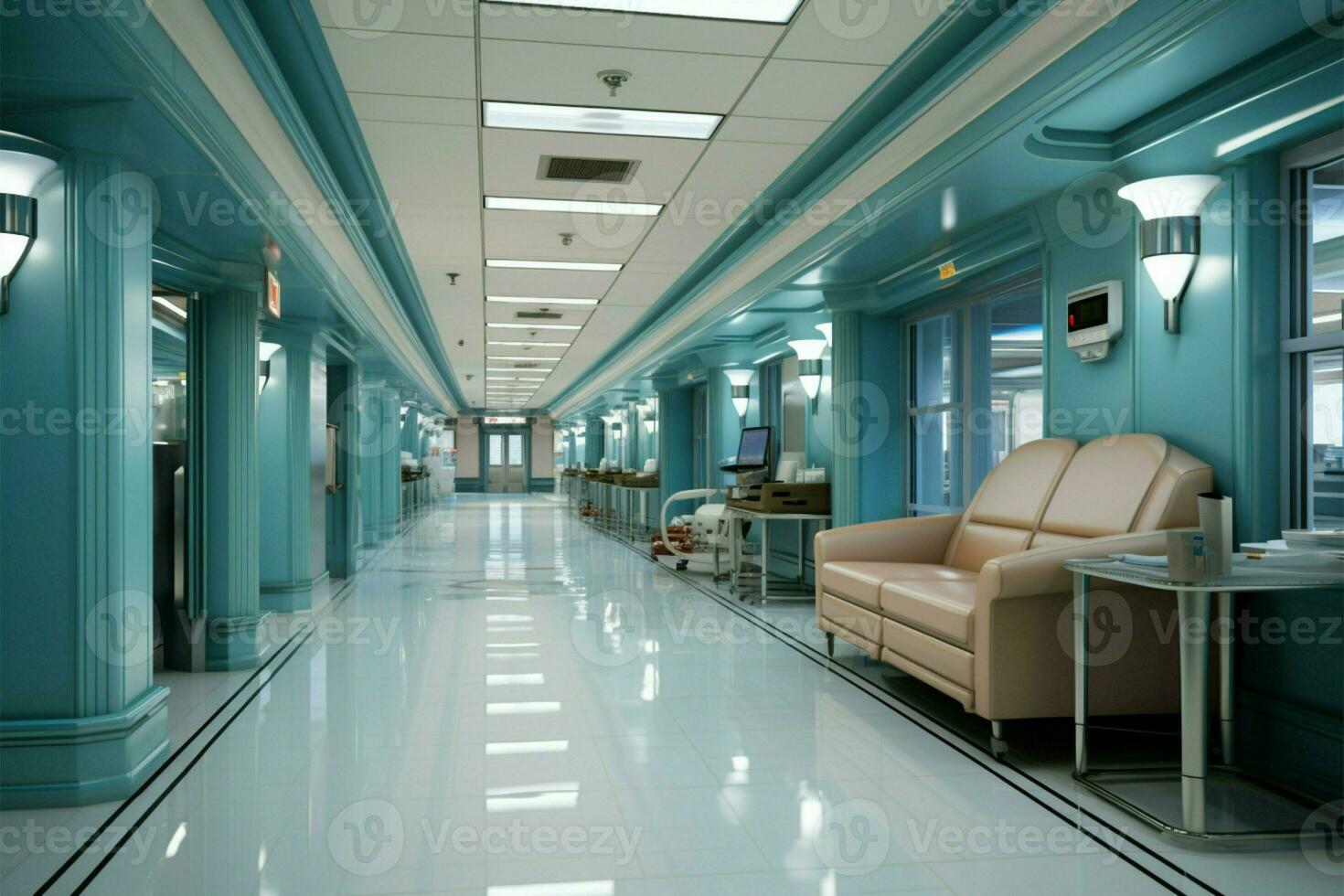 ospedale corridoio facilita accesso per diverso camere, incarnando medico cura ai generato foto