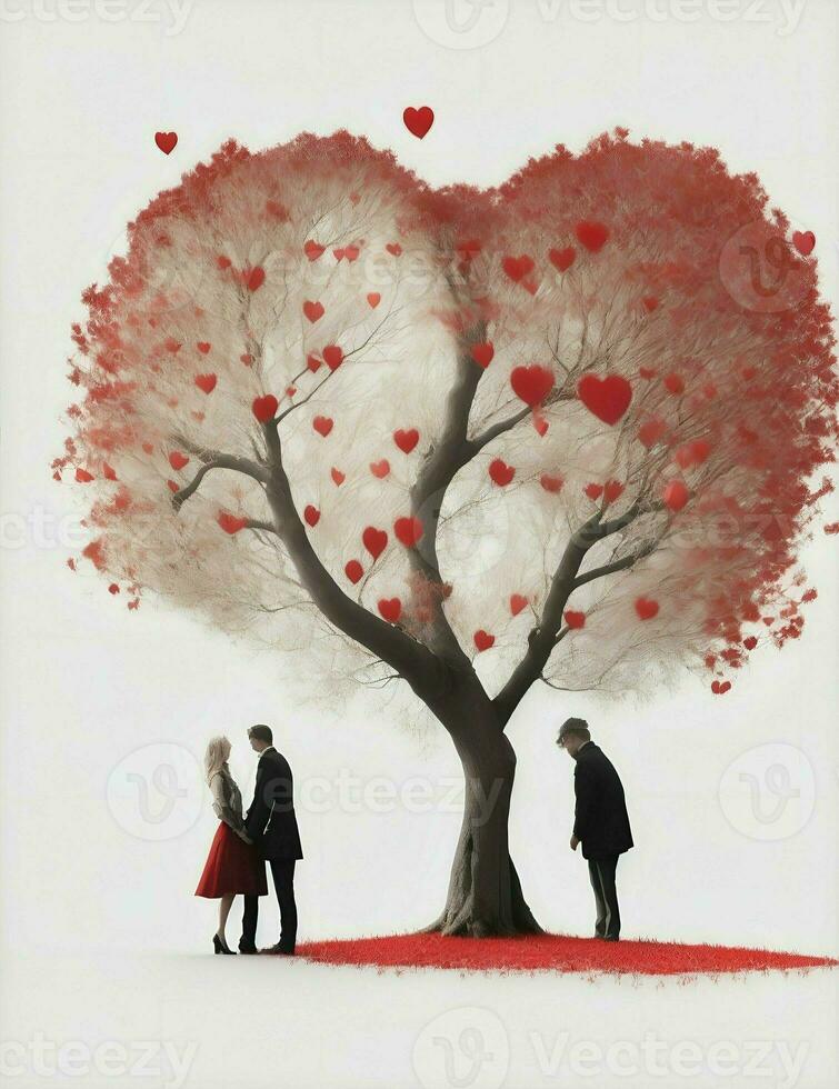 un' albero con rosso cuori piace foglie, su un' bianca sfondo, un' uomo e un' donna Tenere mani illustrazione foto