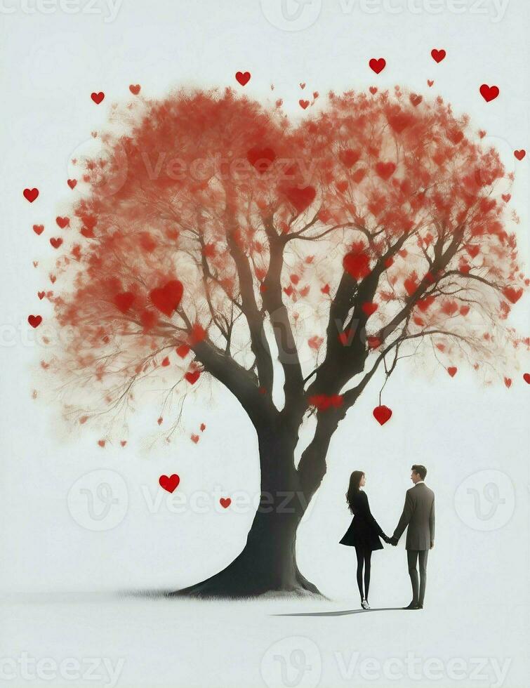 un' albero con rosso cuori piace foglie, su un' bianca sfondo, un' uomo e un' donna Tenere mani illustrazione foto