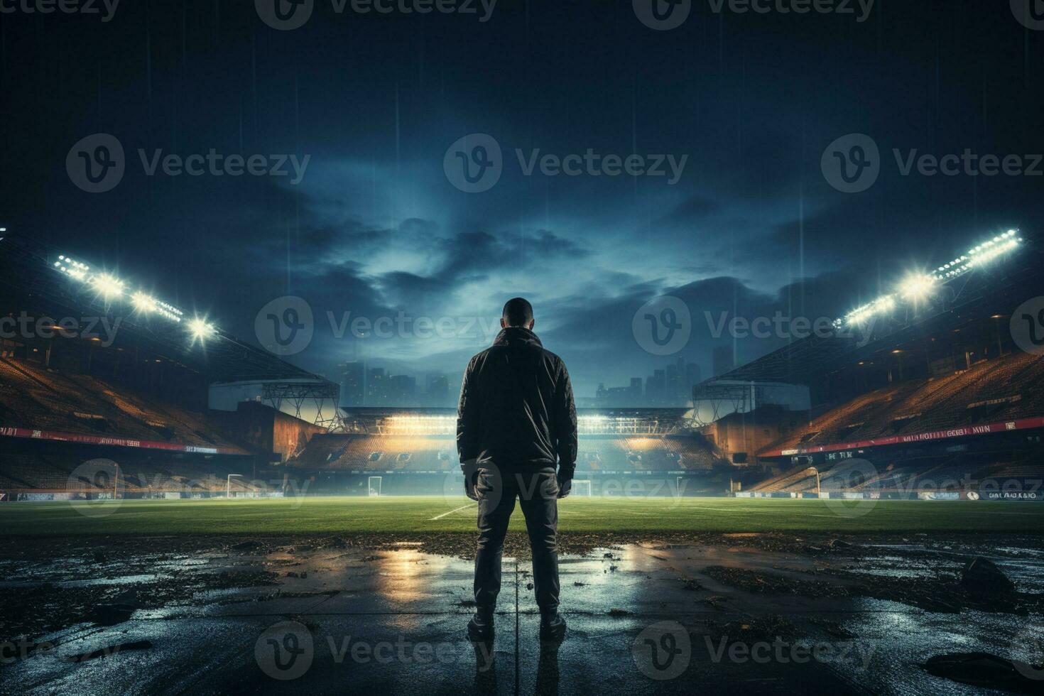 calcio giocatore posteriore Visualizza con palla su campo di stadio, notte Visualizza, stadio abbraccio folla ai generato foto