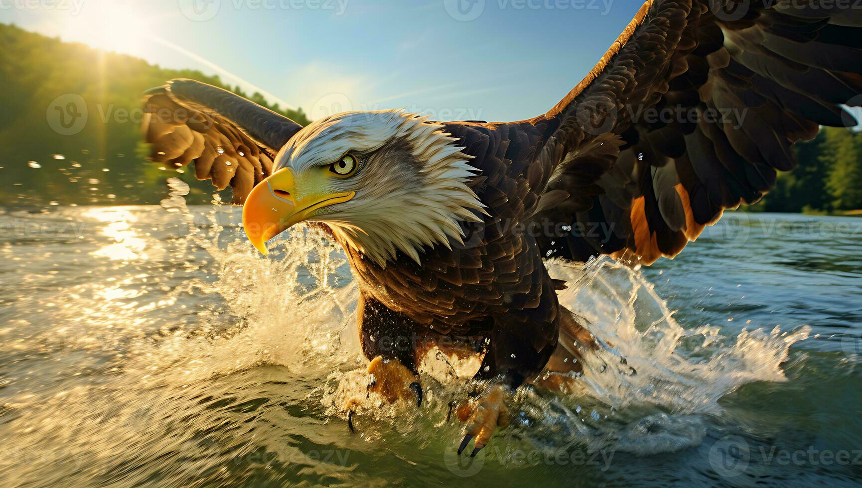 Calvo aquila haliaeetus leucocephalus nel volo al di sopra di un' lago foto