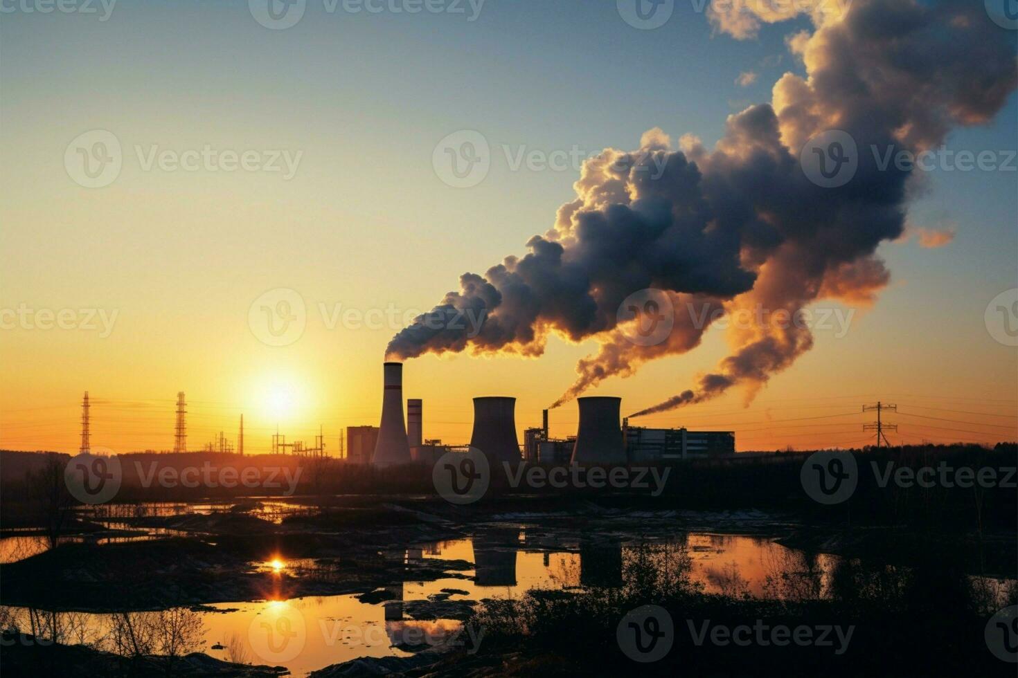 Fumo nuvole a partire dal fabbrica tubi e nucleare pianta danno il ambiente ai generato foto