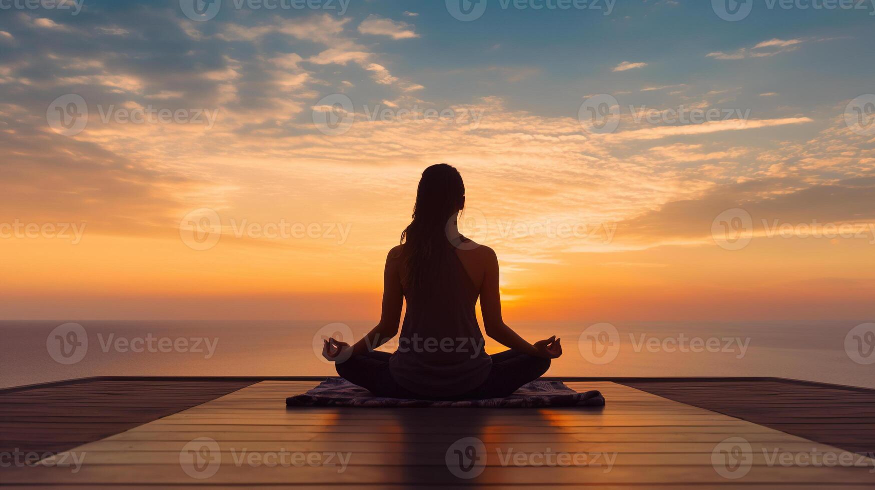 yoga donna Meditare e praticante yoga a casa, mare e tramonto sfondo ai generativo foto