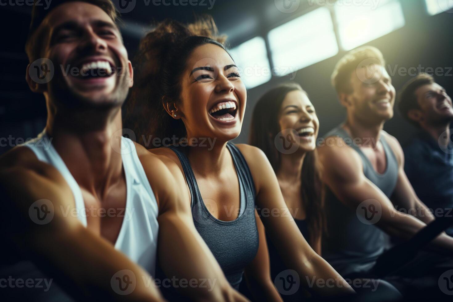 fitness, ridendo e amici a il Palestra per addestramento, pilates classe e contento per esercizio a un' club. Sorridi, sport nel un' gruppo per un' allenarsi ai generativo foto