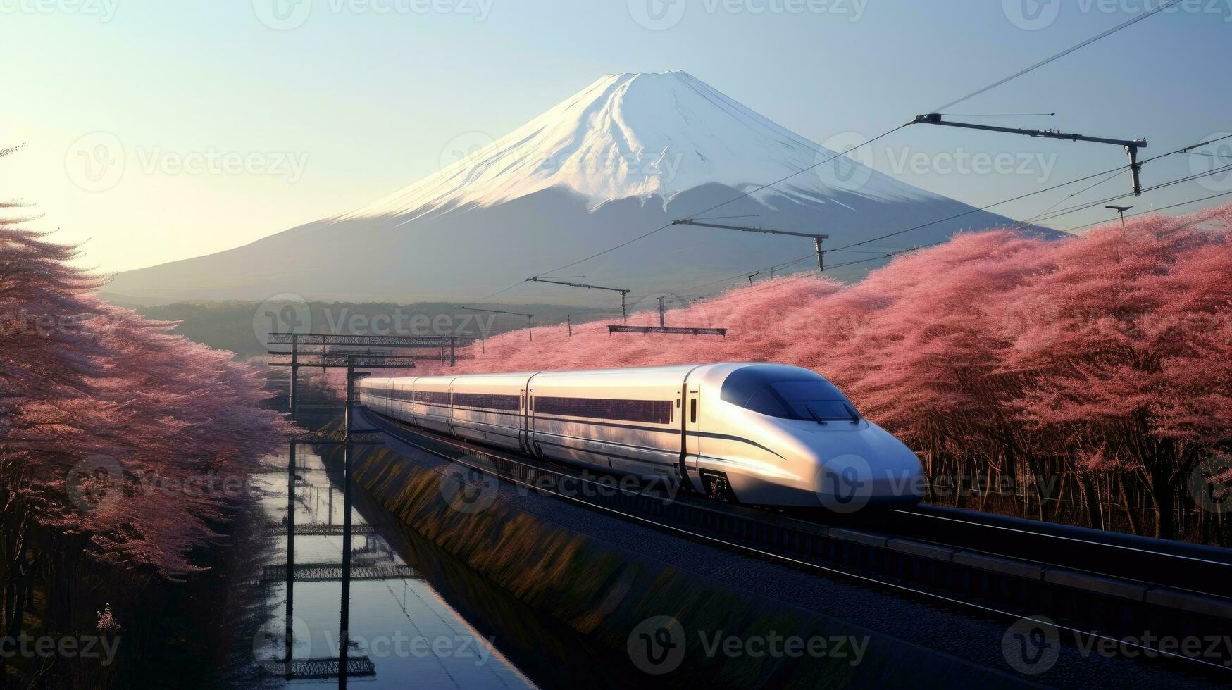 shinkansen o proiettile treno correre passaggio attraverso montagna fuji e shibazakura a primavera. shinkansen nel Giappone. generetivo ai foto