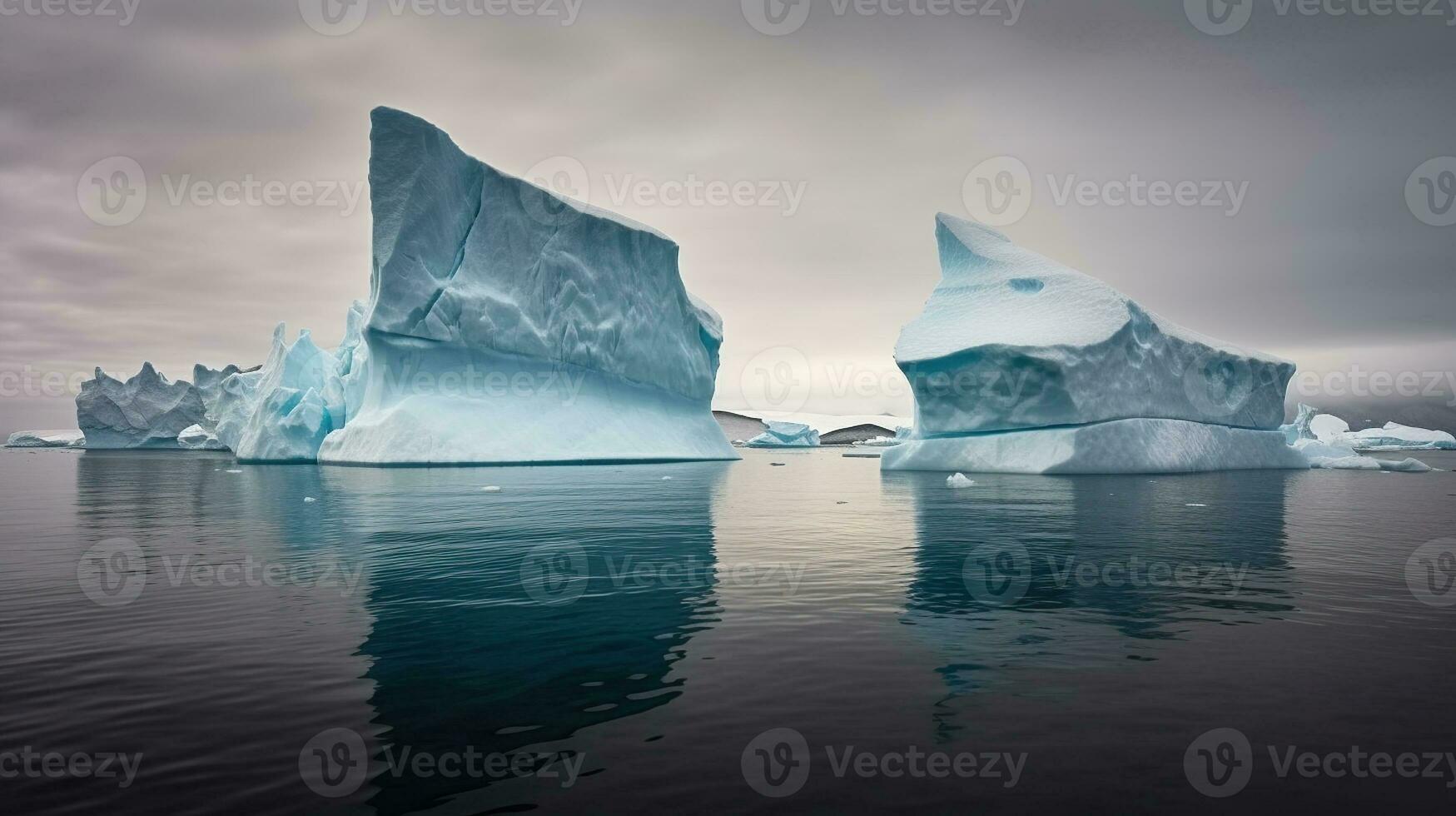Due iceberg nel buio acqua nel Antartide. generativo ai foto