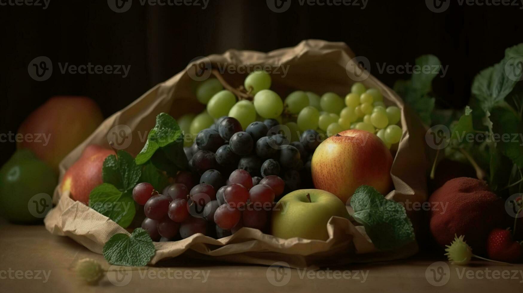 mazzo di misto biologico frutta, verdura la verdura, buongustaio mucchio nel pieno eco amichevole shopping Borsa per ridurre ecologico orma. zero rifiuto concetto. copia spazio, generativo ai foto