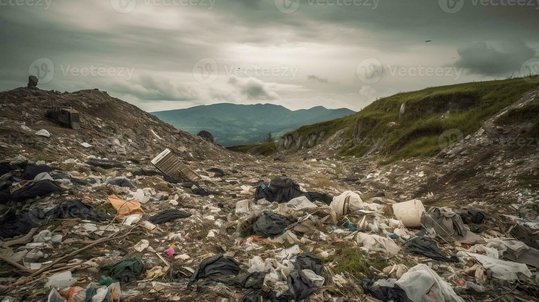 montagna spazzatura nel comunale discarica per domestico sciupare, inquinamento problema, generativo ai foto
